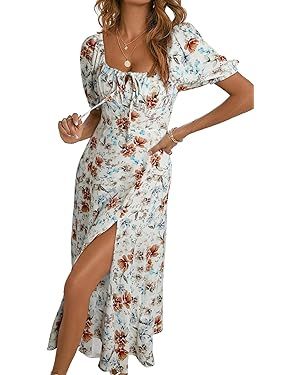 BLENCOT Casual Womens Summer Short Sleeve Square Neck Split Midi Dresses | Amazon (US)