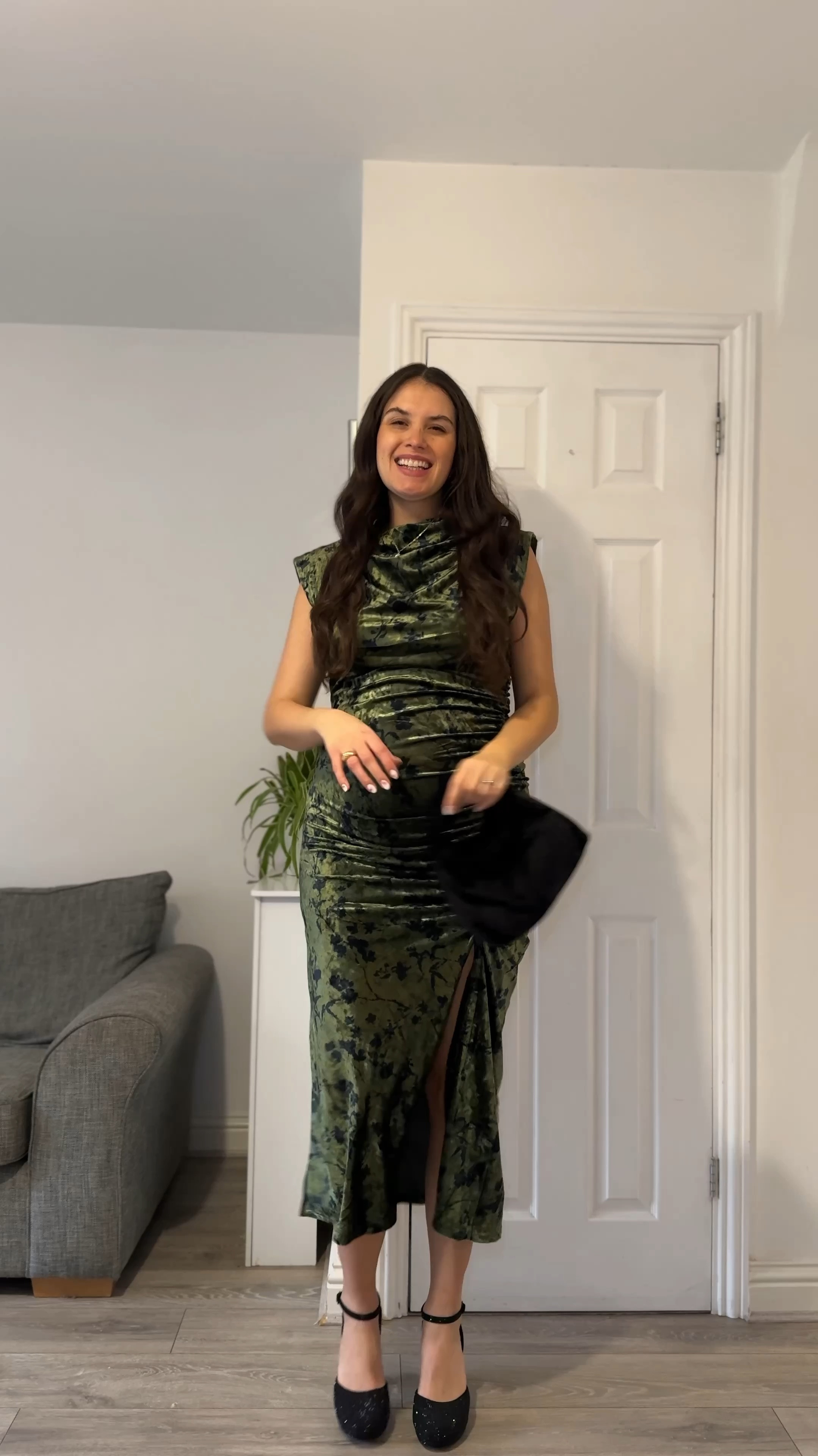 Eeeeeeek I love this green, crushed velvet, a leg slit and I love the draped high neck. 

I am completely out of my comfort zone wearing something like this but for a non-maternity dress it feel like it works well with a tummy too. 

Now I just need a reason to wear it… 🎄 ✨ 
#crushedvelvet #velvetdress #christmaspartyoutfit #christmaspartydress #christmasdresses #greendress

#LTKwinter #LTKuk