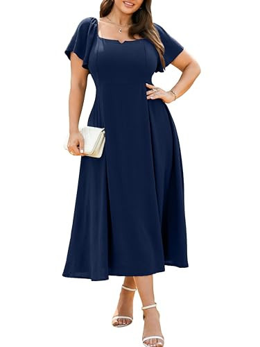 RWJ Maxi Dresses for Women 2026, Plus Size Wedding Guest Dress Navy Blue Formal Elegant V Neck Summer Short Sleeve Flowy Party Cocktail Dresses with Pockets XX-Large | Amazon (US)