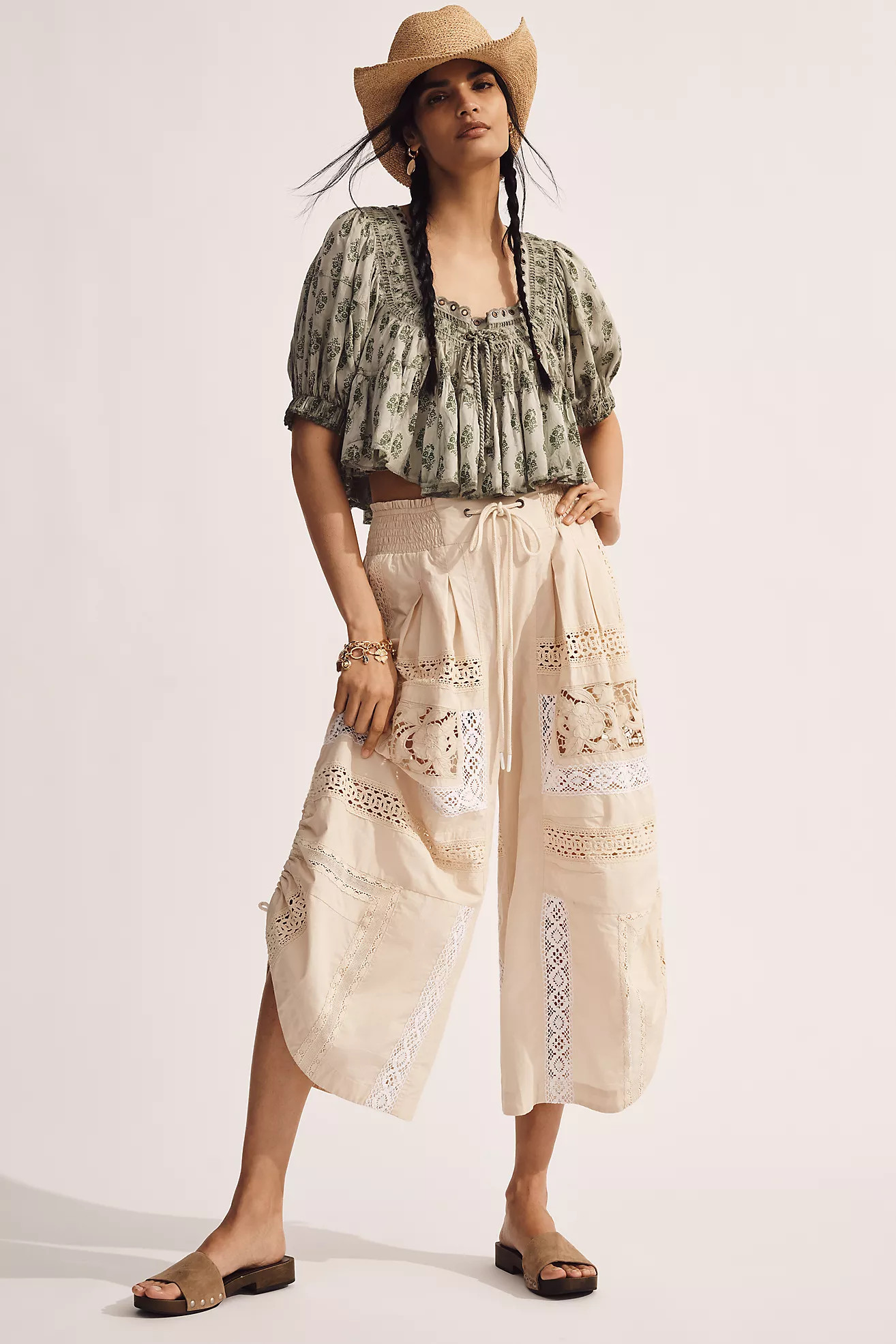 By Anthropologie Lace Ruched Crop Wide-Leg Pants | Anthropologie (US)