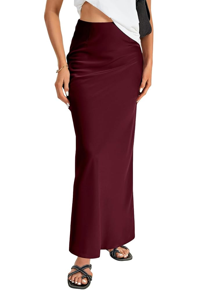 Vrtige Women's Elegant Satin Silky High Waist Zipper Flowy A Line Maxi Long Skirt | Amazon (US)