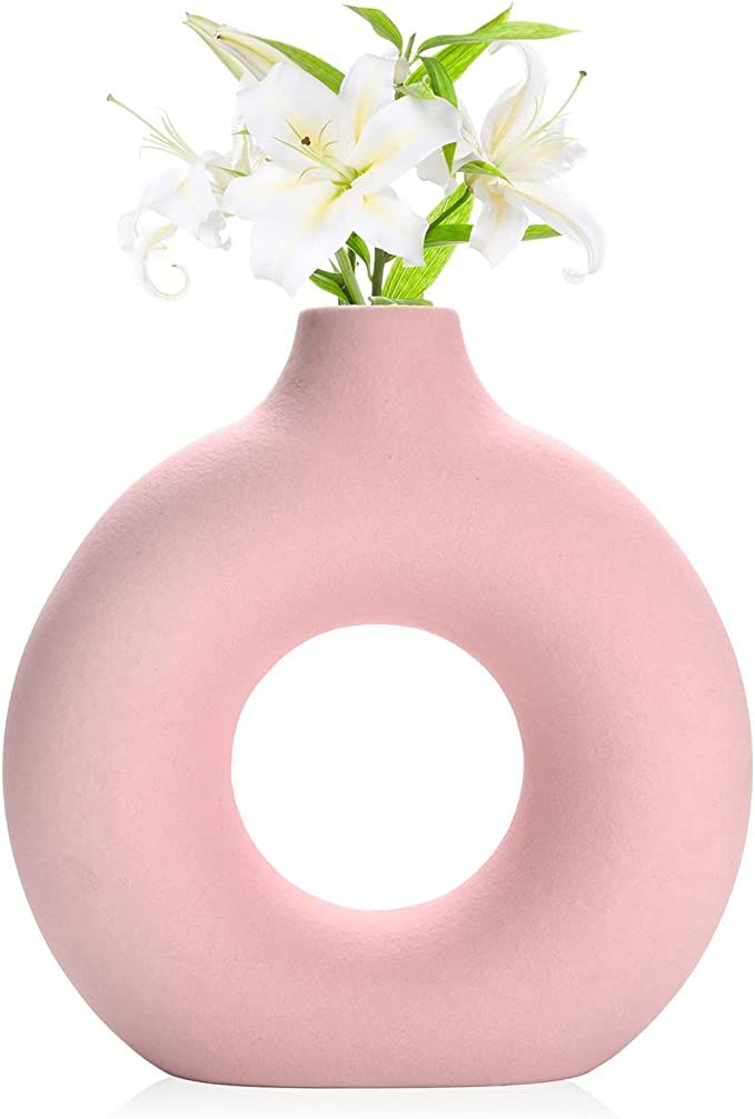 Joynisy Donut Vase|Circle Hollow Vase|Modern Matte Ceramic Vase for Entryway Living Room Bedroom ... | Amazon (US)