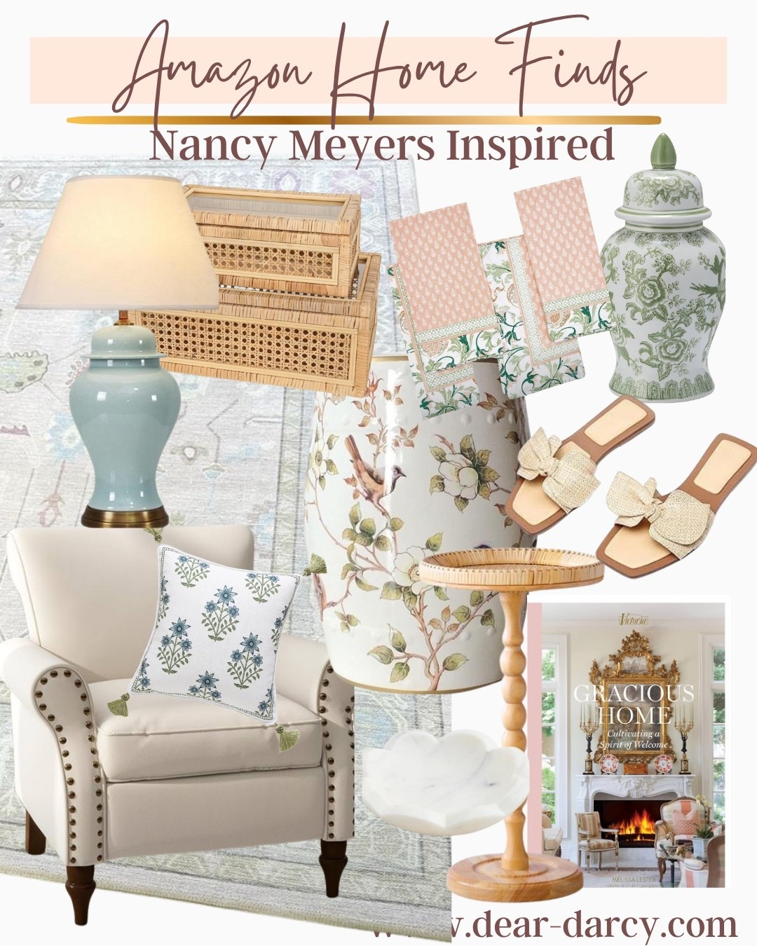 Amazon Home finds

Nancy Meyers inspired home

Cream linen chair
Bird floral stool
Green ginger jar
Cream bow sandal slides 
Cane stackable boxes 
Ceramic lamp 
Light floral rug
Beautiful coffee table book
Pretty napkins 
Cane round table
Floral pillow 
Marble scallop tray 

#LTKHome #LTKStyleTip
