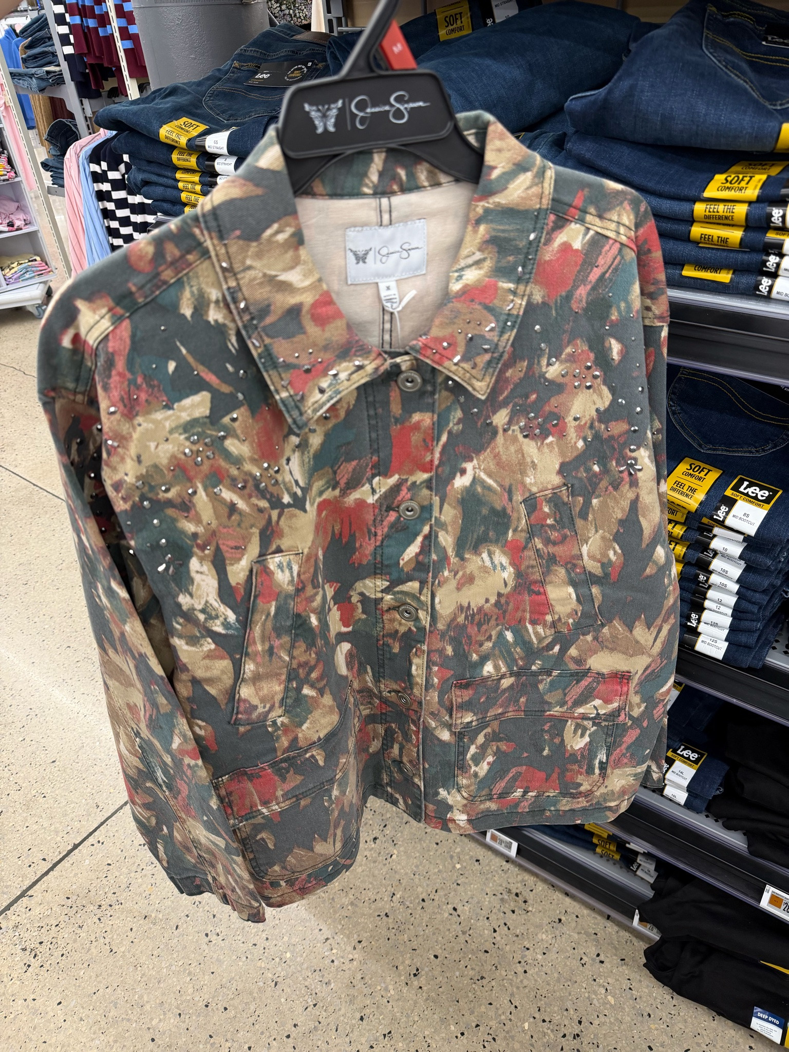 Walmart abstract camo print jean jacket, I’ll link the matching jeans too #walmartfashion