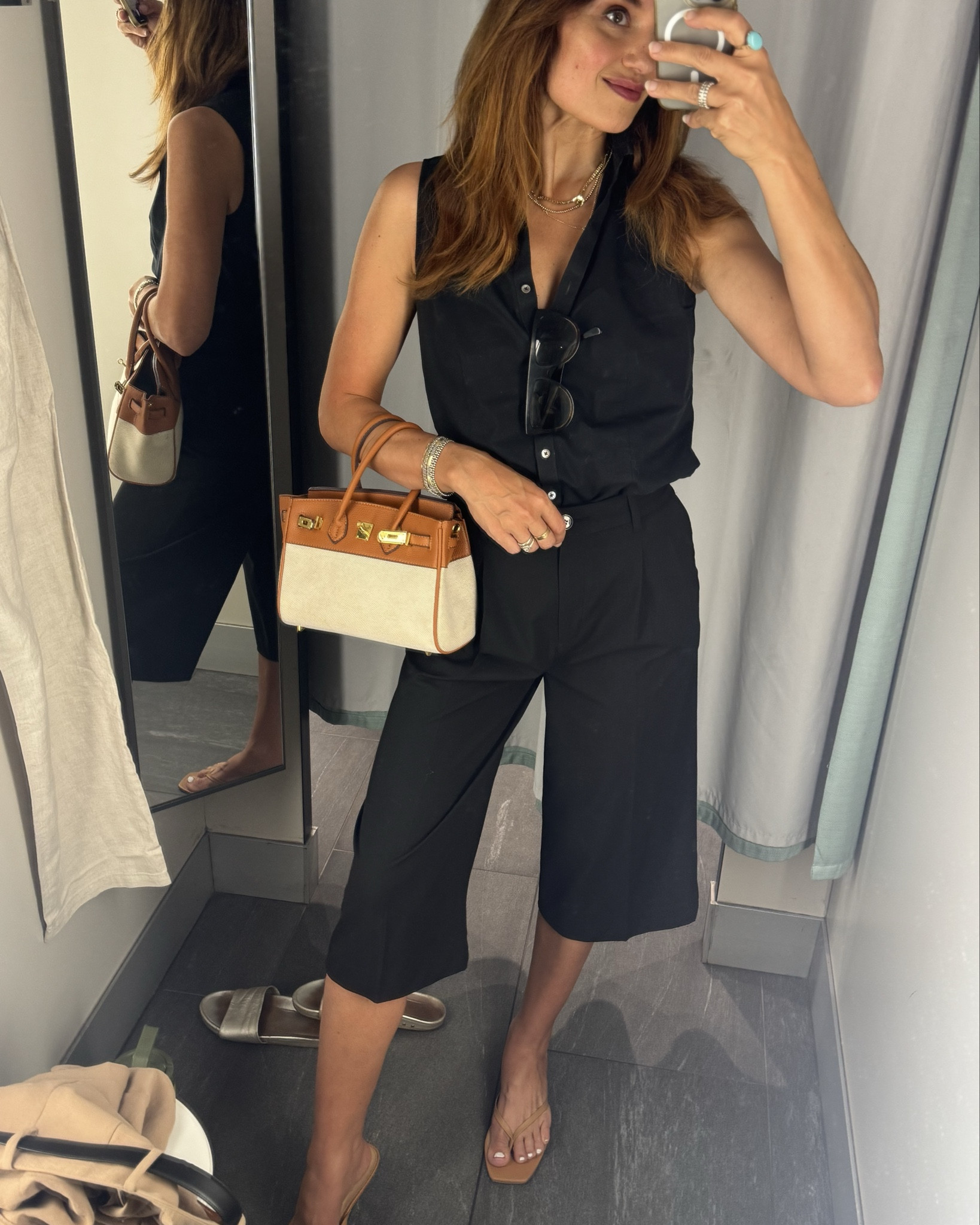 Culottes under $50  size 4 shown tts 
Sleeveless classic top 
Thong sandals 
Casual summer spring outfit 