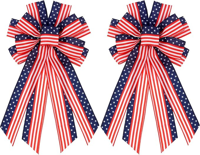 Patriotic Bows for Wreath 2 Pack, 4th of July Red White and Blue Bow 20.87 x 11.42 Inch Wired Edg... | Amazon (US)