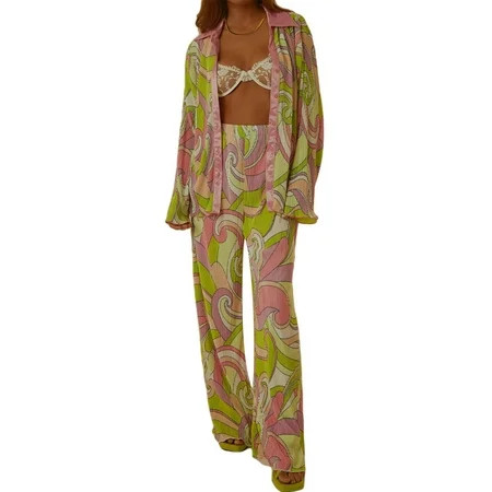 Women 2 Piece Pleated Outfits Long Sleeve Button Down Shirt and Wide Leg Long Pants Casual Set Beach | Walmart (US)