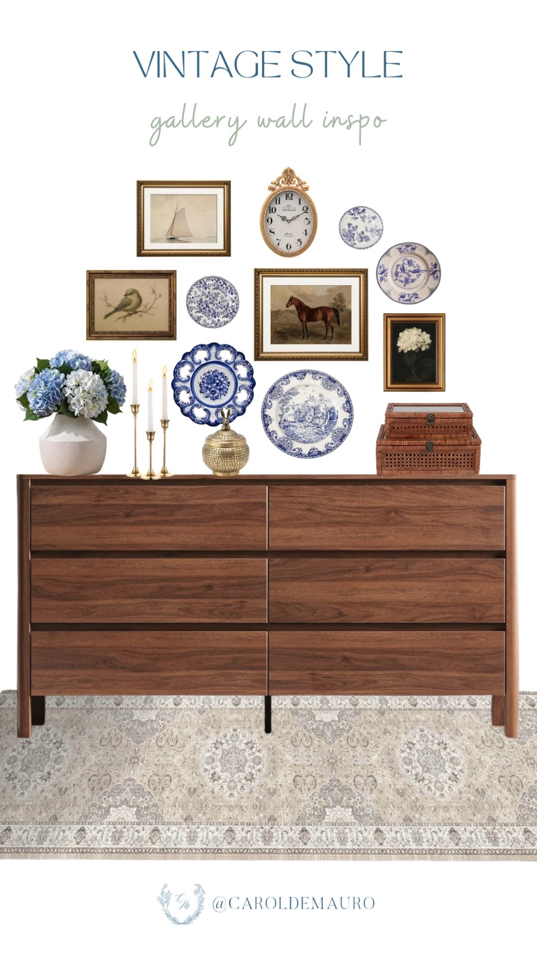 vintage style, gallery wall, home inspo, wall art, dresser cabinet, neutral rug, entryway inspo, furniture finds, vintage clock, faux hydrangeas, woven trinket box, toile aesthetic

#LTKHome