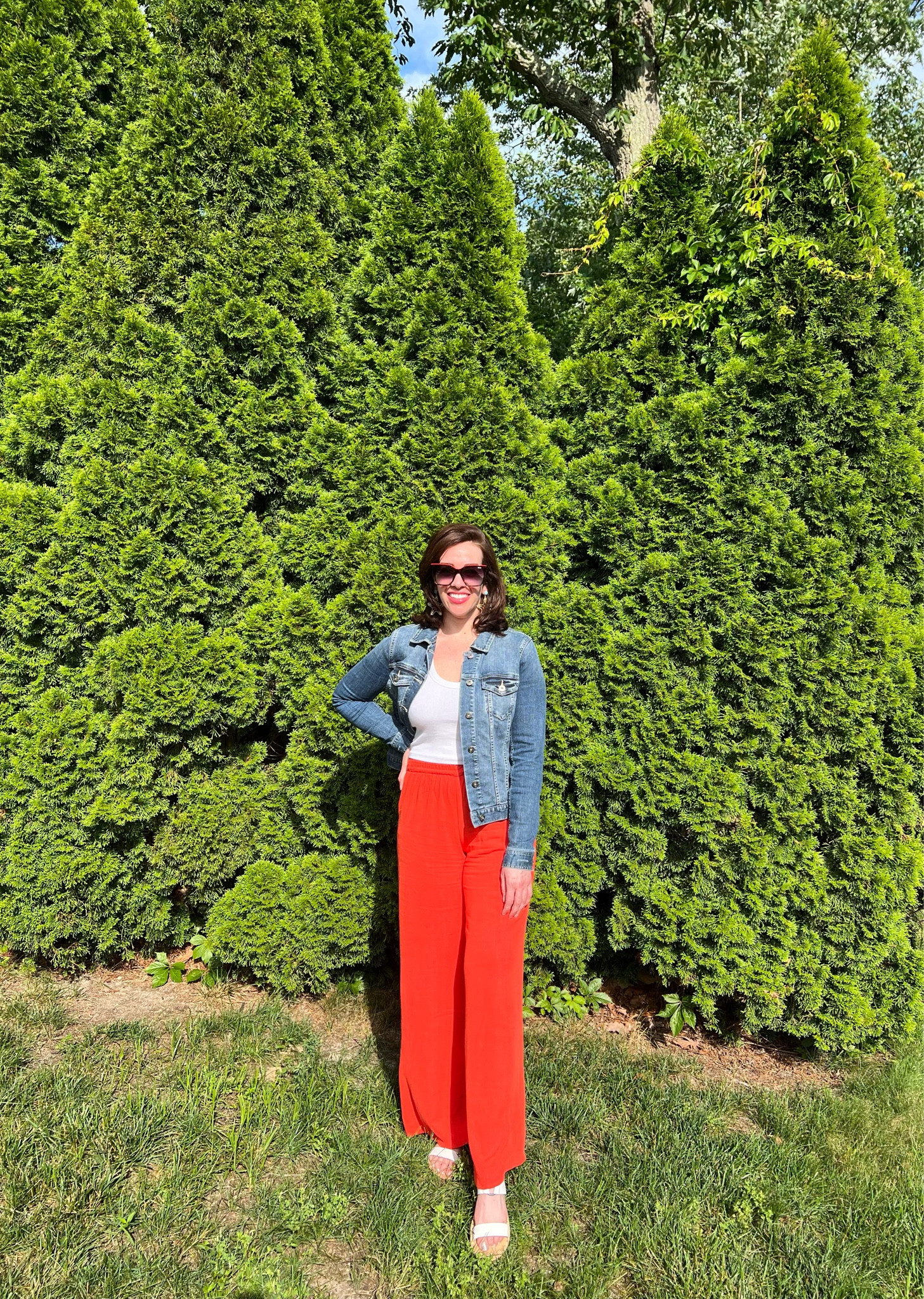 4th of July outfit Denim jacket (size small). White tank (size small). Wide linen pants (size small). White sandals (size 8.5). #fourthofjuly #july4th #widelegpants #linenpants #redpants #redlinenpants #sandals #whitesandals #whitecami #cami #tanktop #whitetanktop #denimjacket #jeanjacket #fourthofjulyoutfit 

#LTKstyletip #LTKSeasonal #LTKunder100