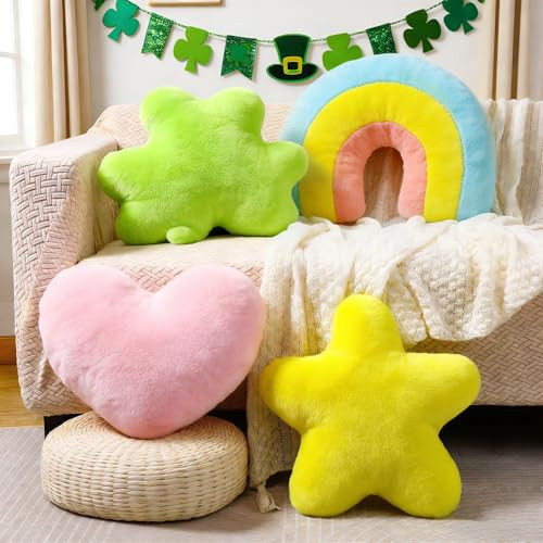 Set of 4 Plush St. Patrick's Day Pillows Lucky Charm Cereal Pillows Shamrock Shaped Throw Pillow Decorative Celtic Irish Clover Sofa Couch Cushion Pillow for Home Bedroom Livng Room Decor | Amazon (US)