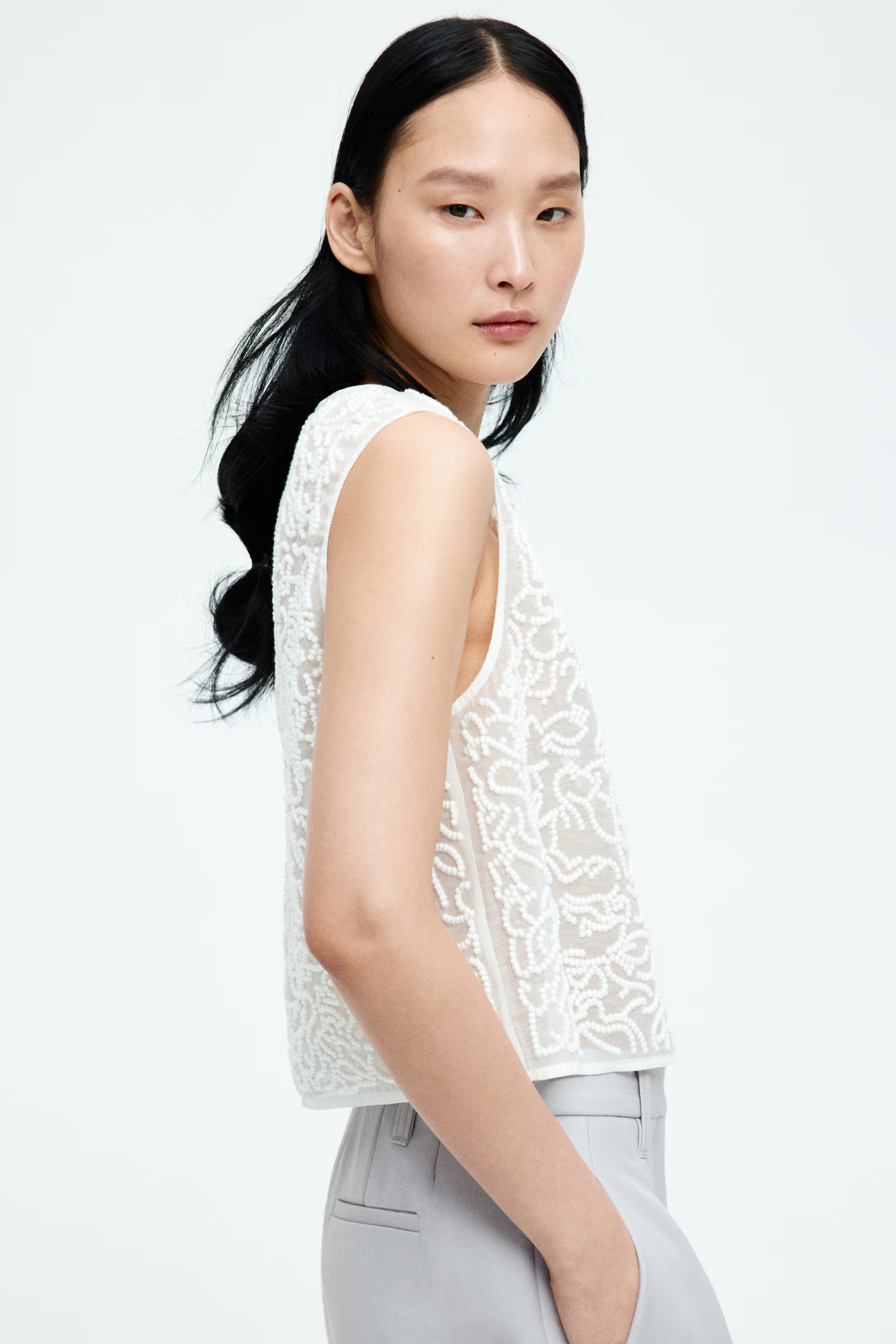 Sheer embroidered top - White - Ladies | H&M GB | H&M (UK, MY, IN, SG, PH, TW, HK)