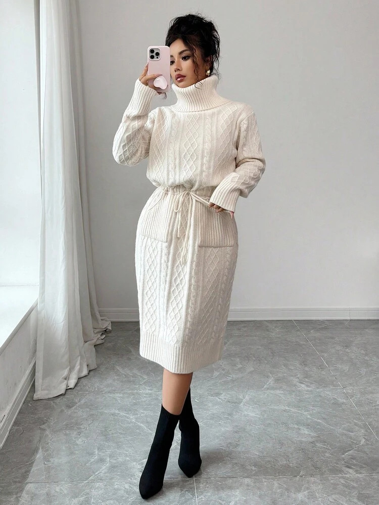 SHEIN Elenzya Women's Solid Color Tie-Up Pocket Elegant Sweater Dress | SHEIN