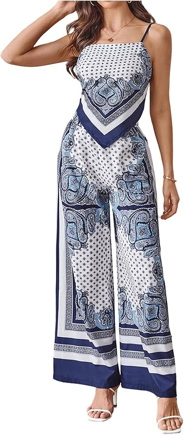 MakeMeChic Women's 2 Piece Boho Outfit Paisley Print Tie Backless Crop Tops and Wide Leg Pants Ma... | Amazon (US)