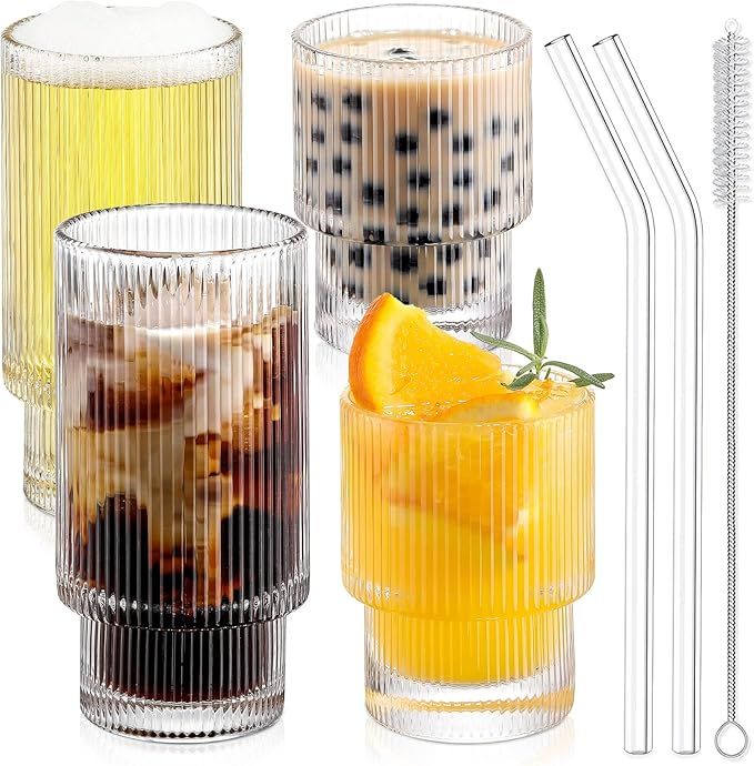 Drinking Glasses with Glass Straw 4pcs Set - Origami Style Glass Cups, Ripple Vintage Glassware, ... | Amazon (US)