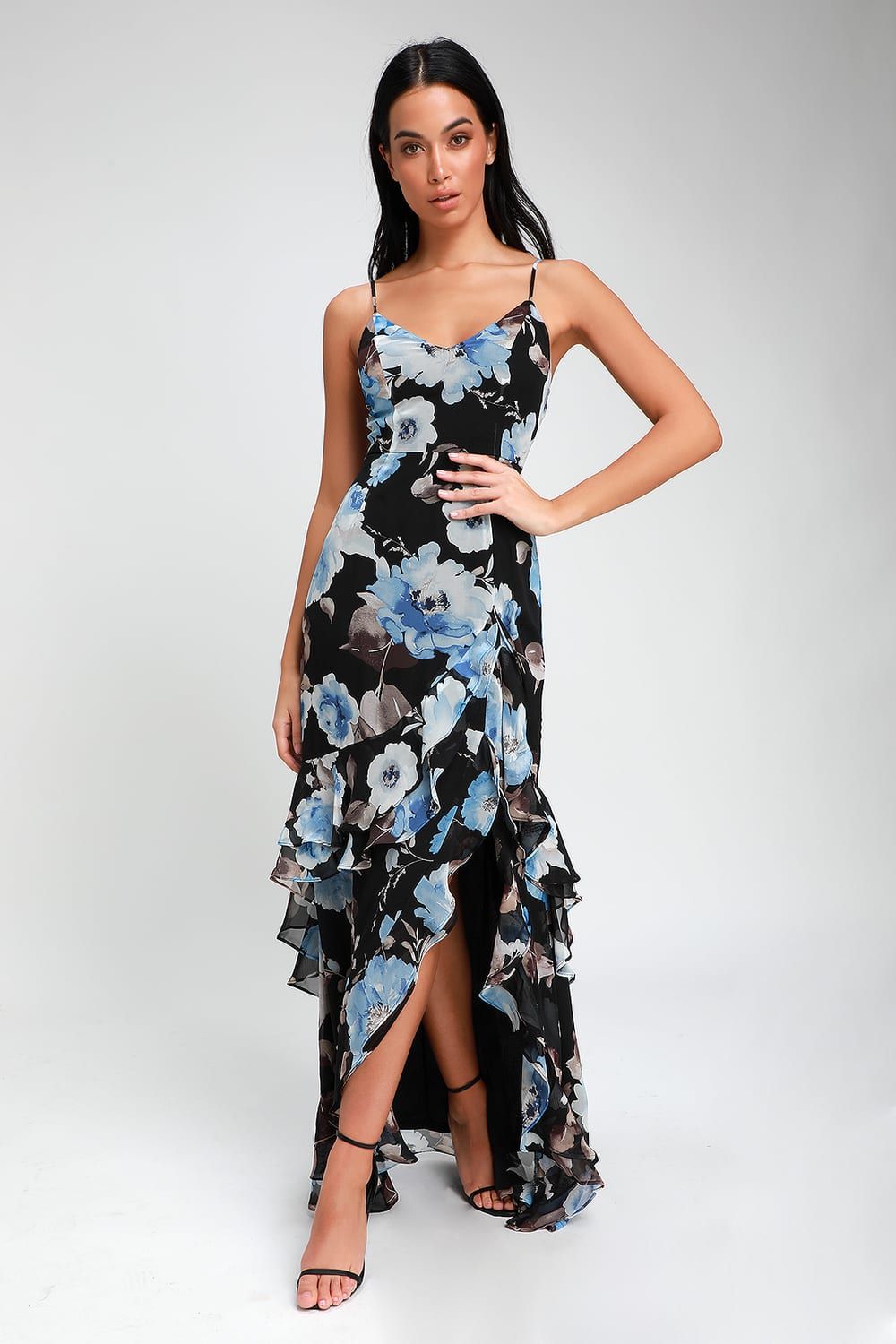 Artwin Black Floral Print Ruffled High-Low Maxi Dress | Lulus (US)