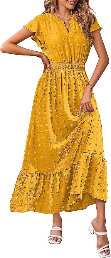 MEROKEETY Women 2023 Summer Flutter Short Sleeve V Neck Swiss Dot Smocked A Line Tiered Maxi Dres... | Amazon (US)