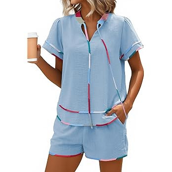 ECOWISH Women's 2 Piece Outfits Casual Summer Short Sleeve V Neck Tops Shorts Set Color Block Tri... | Amazon (US)