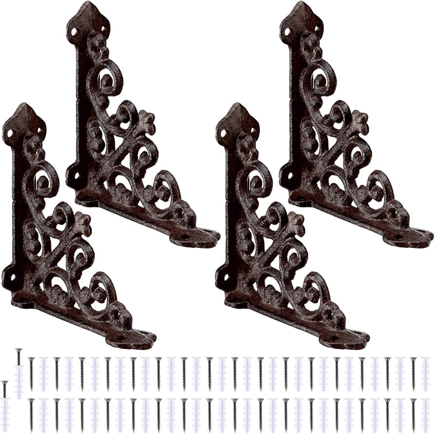 Blulu 4 Pack Antique Style Cast Iron Shelf Brackets Decorative Brackets 3 7/8" x 3 7/8" Wall Moun... | Amazon (US)