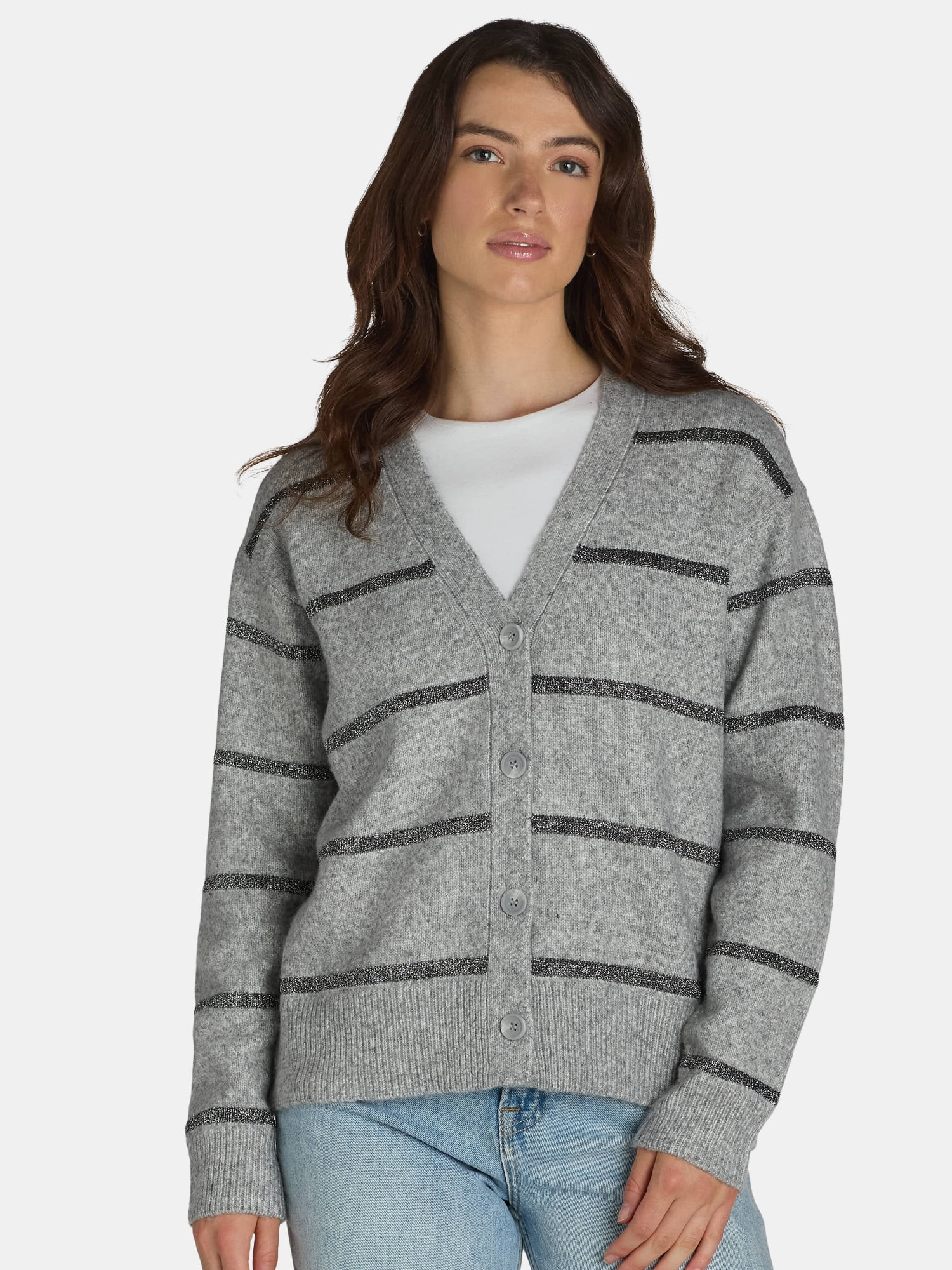 Time and Tru Women's Metallic Striped Cardigan Sweater, Midweight, Sizes XS-XXXL | Walmart (US)