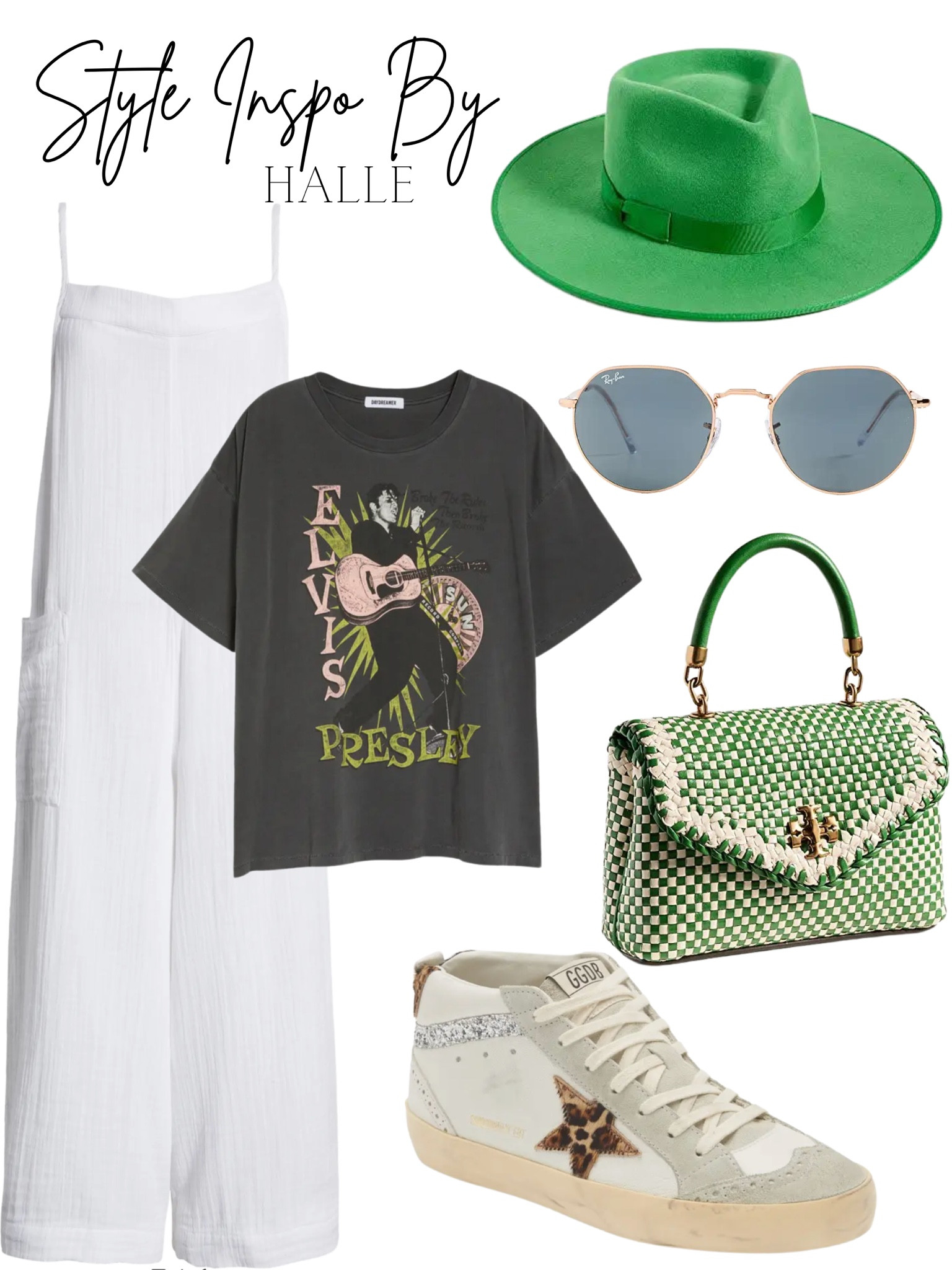 Style Inspo by Halle
Green hat 
Elvis shirt 
Green bag 
White jumpsuit 
Golden goose 
Sunglasses 

 #springoutfits #fallfavorites #LTKbacktoschool #fallfashion #vacationdresses #resortdresses #resortwear #resortfashion #summerfashion #summerstyle #LTKseasonal #rustichomedecor #liketkit #highheels #Itkhome #Itkgifts #Itkgiftguides #springtops #summertops #Itksalealert
#LTKRefresh #fedorahats #bodycondresses #sweaterdresses #bodysuits #miniskirts #midiskirts #longskirts #minidresses #mididresses #shortskirts #shortdresses #maxiskirts #maxidresses #watches #backpacks #camis #croppedcamis #croppedtops #highwaistedshorts #highwaistedskirts #momjeans #momshorts #capris #overalls #overallshorts #distressesshorts #distressedjeans #whiteshorts #contemporary #leggings #blackleggings #bralettes #lacebralettes #clutches #crossbodybags #competition #beachbag #halloweendecor #totebag #luggage #carryon # blazers #airpodcase #iphonecase #shacket #jacket #sale #under50 #under100 #under40 #workwear #ootd #bohochic #bohodecor #bohofashion #bohemian #contemporarystyle #modern #bohohome #modernhome #homedecor #amazonfinds #nordstrom #bestofbeauty #beautymusthaves #beautyfavorites #hairaccessories #fragrance #candles #perfume #jewelry #earrings #studearrings #hoopearrings #simplestyle #aestheticstyle #designerdupes #luxurystyle #bohofall #strawbags #strawhats #kitchenfinds #amazonfavorites #bohodecor #aesthetics #blushpink #goldjewelry #stackingrings #toryburch #comfystyle #easyfashion #vacationstyle #goldrings #fallinspo #lipliner #lipplumper #lipstick #lipgloss #makeup #blazers #LTKU #primeday
#StyleYouCanTrust #giftguide #LTKRefresh #LTKSale
#LTKHalloween #LTKFall #fall #falloutfits #backtoschool
#backtowork #LTKGiftGuide #amazonfashion #traveloutfit #familyphotos #liketkit #trendyfashion #fallwardrobe #winterfashion #christmas #holdavfavorites #ITKseasonal #grandmillennial #grandmillennialstyle 

#LTKSeasonal #LTKFind #LTKstyletip
