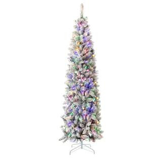 6.5 ft. Pre-Lit LED Pencil Slim Flocked Artificial Christmas Tree with Multi-Color Light | The Home Depot