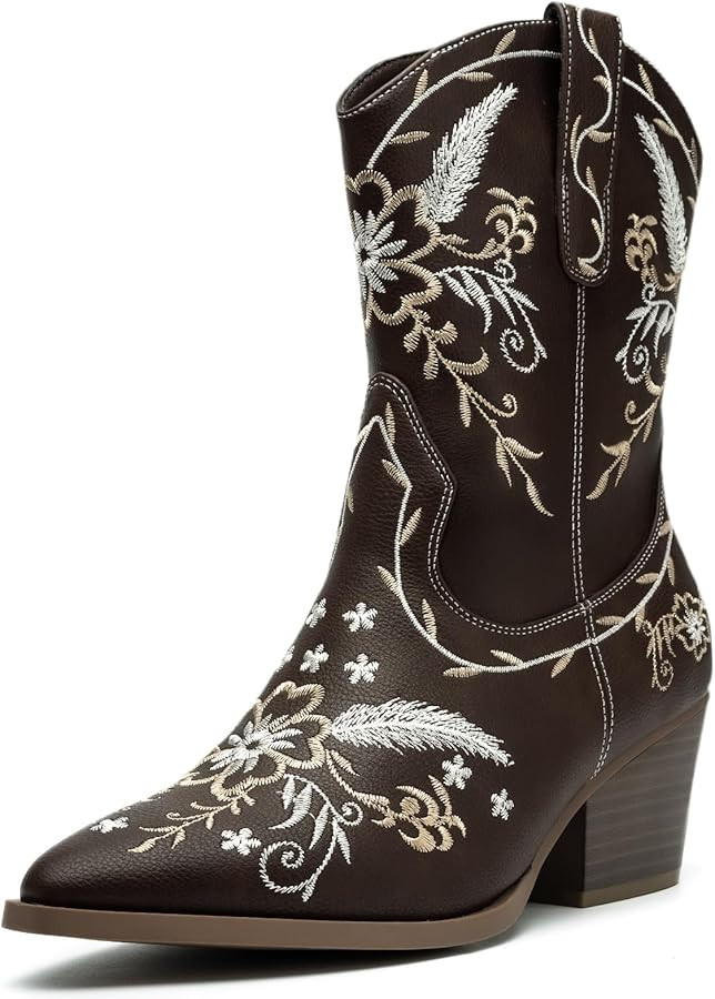 ANJOUFEMME Womens Wide Calf Cowboy Boots, Western Cowgirl Mid Calf with Gold Embroidery, Chunky H... | Amazon (US)