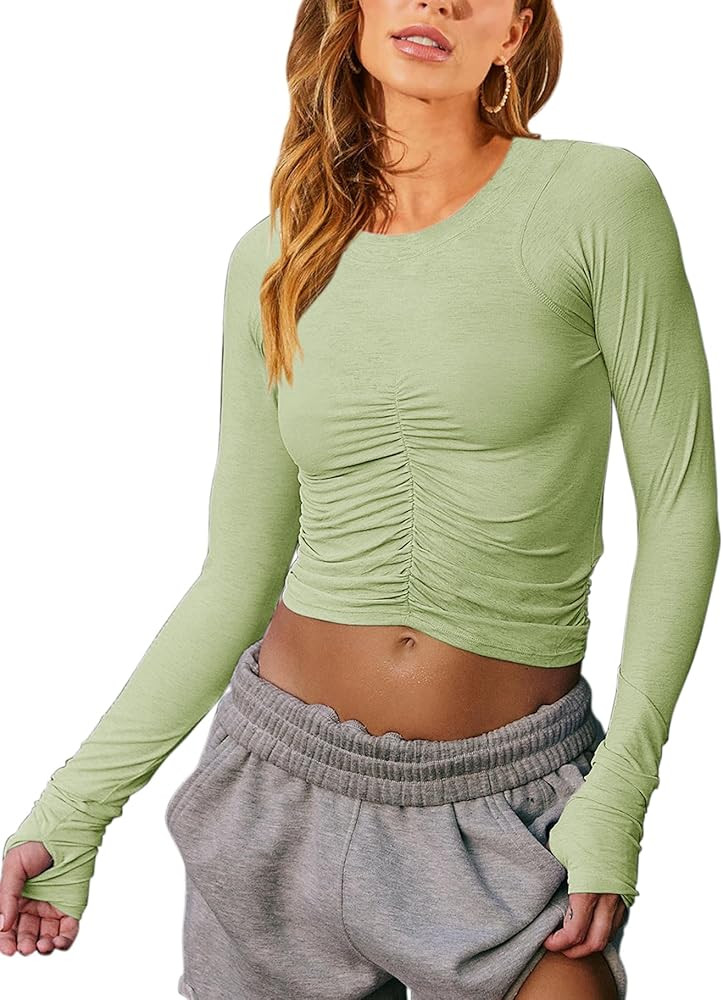 Vivitulip Women’s Long Sleeve Shirts Basic Fall Ruched Slim Fitted Crop Tops Tight Athletic Blo... | Amazon (US)