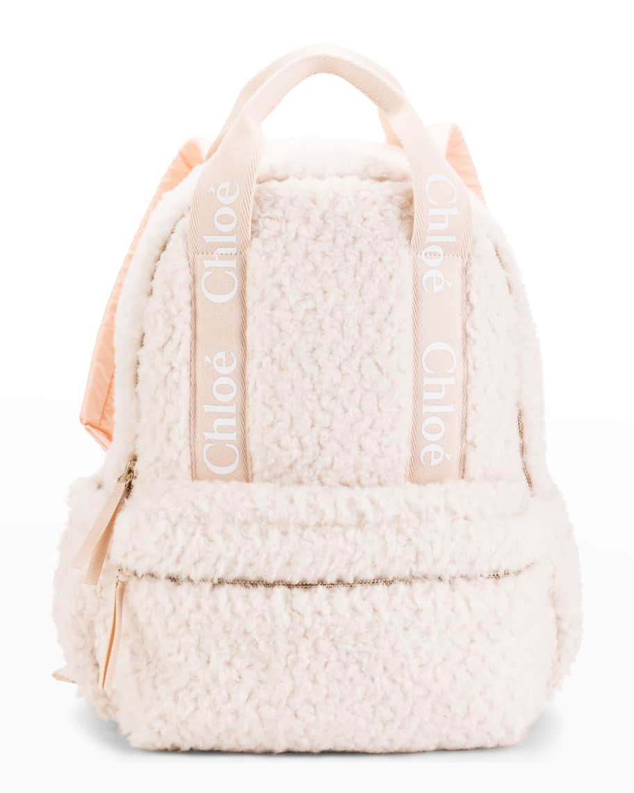 Chloe Kid's Faux Shearling Logo-Strap Backpack | Neiman Marcus