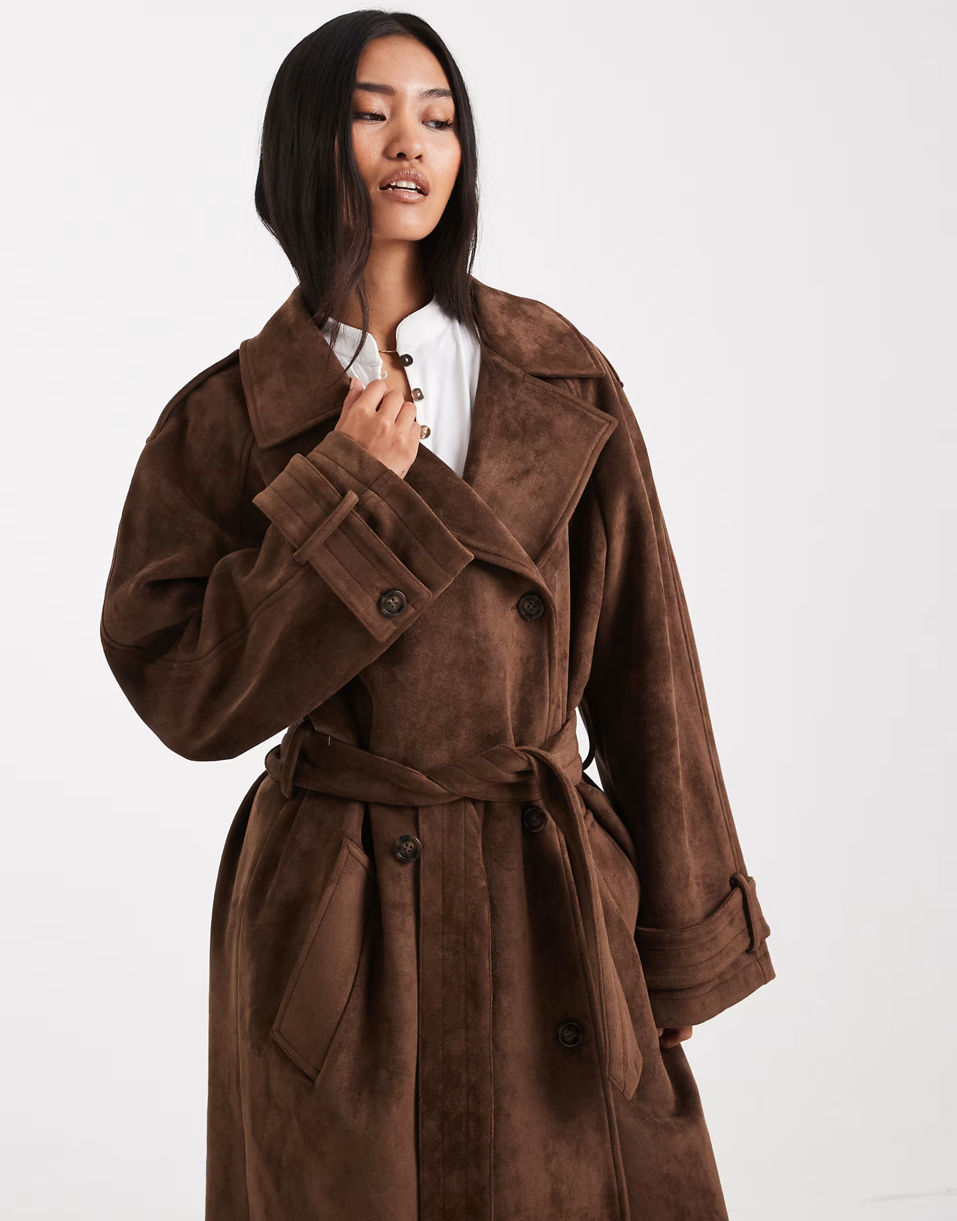 Miss Selfridge suedette trench coat in chocolate | ASOS (Global)