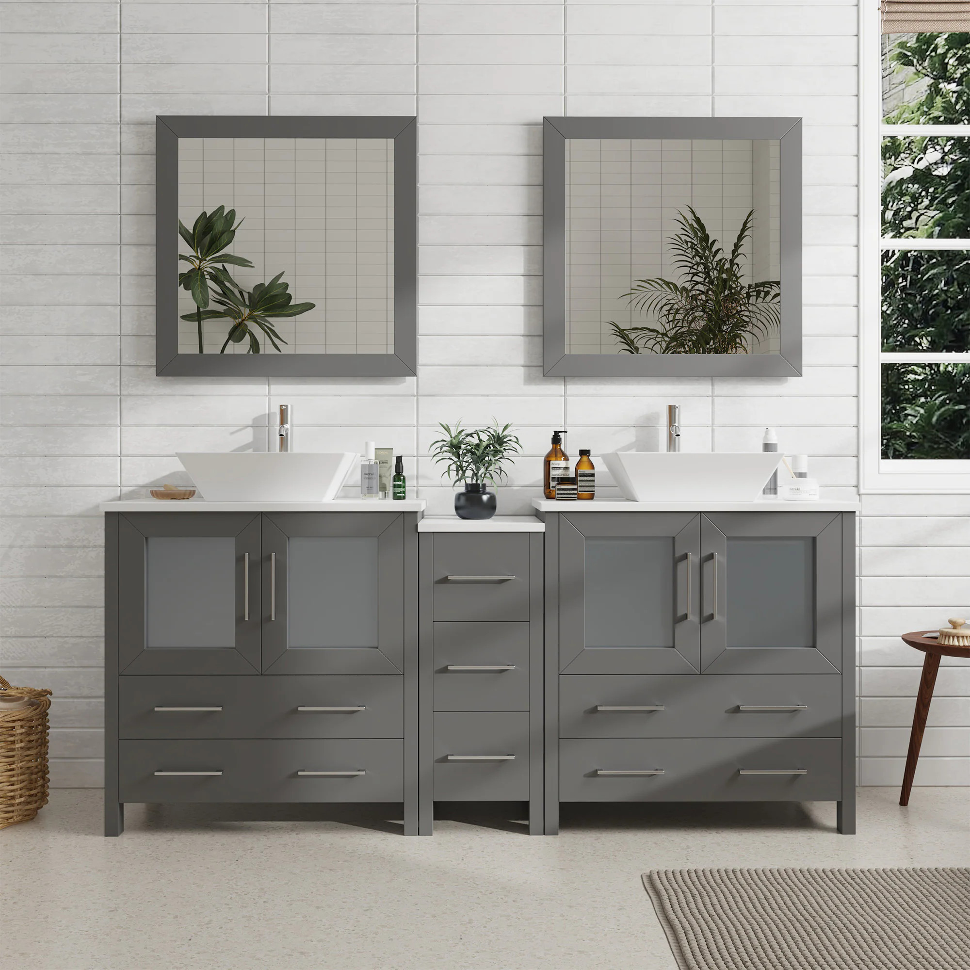 Vanity Art Ravenna 72-in Grey Double Sink Bathroom Vanity with White Engineered Marble Top (Mirror Included) in Gray | VA3130-72G | Lowe's