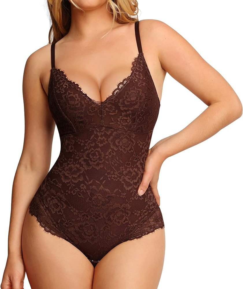 Popilush Lace Shapewear Bodysuit V Neck Tummy Control Backless Tank Tops Sleeveless Thong Bodysui... | Amazon (US)