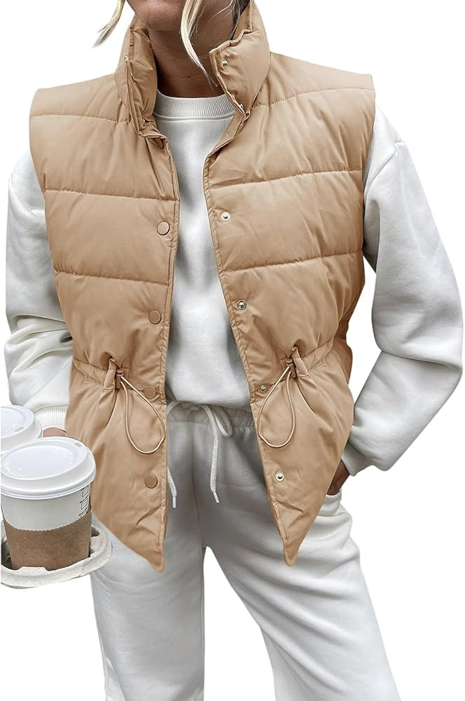 Saodimallsu Womens Puffer Vest Stand Collar Button Down Padded Jacket with Drawstring Waist | Amazon (US)