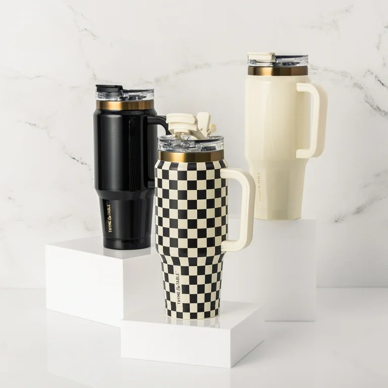 Thyme & Table 32 fl oz Stainless Steel Luna Tumbler with Handle and Dual Straw Lid, Cream & Black... | Walmart (US)