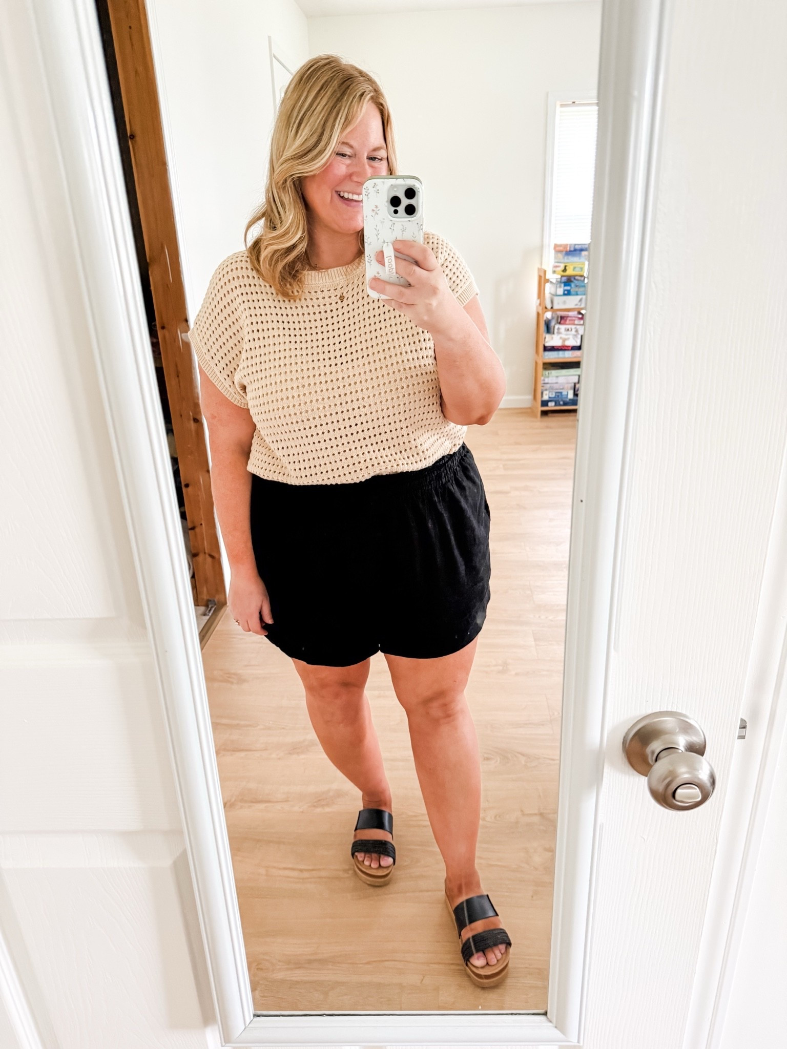 Easy summer postpartum outfit / wearing a large in my crochet sweater tee and an XXL in my black linen shorts

#LTKSeasonal #LTKMidsize #LTKBaby