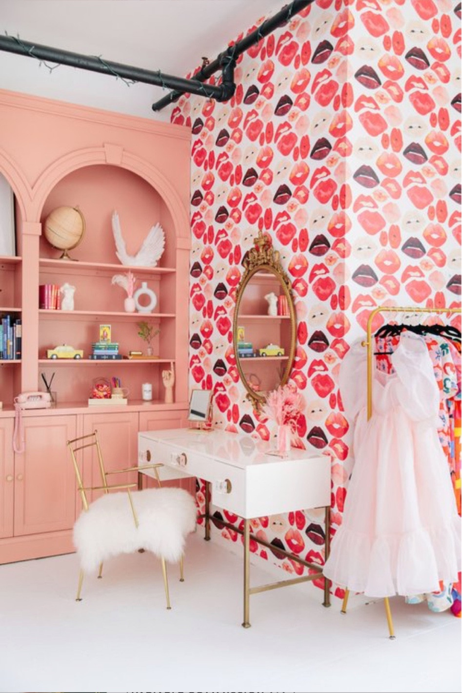 Vanity dressing area lipstick wallpaper pink built in bookcase makeup area girly bathroom area 

#LTKHome
