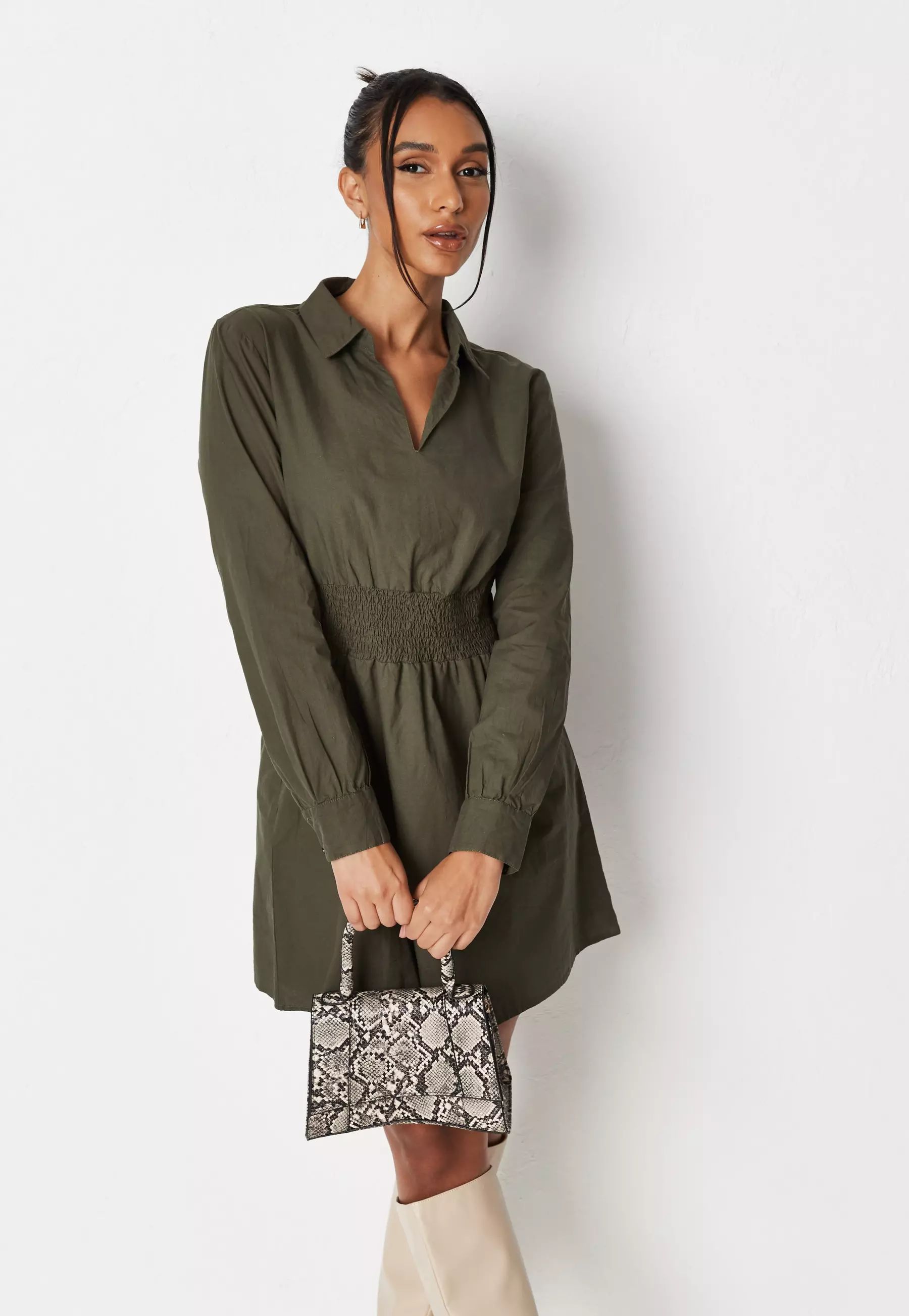 Khaki Poplin Shirred Waist Shirt Dress | Missguided (US & CA)