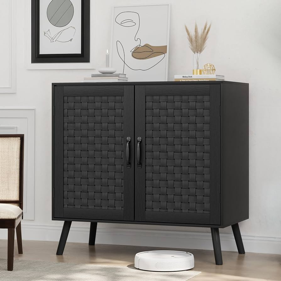 Smuxee Black Sideboard, Freestanding Buffet Cabinet with 2 PVC Rattan Doors, Storage Cabinet with... | Amazon (US)