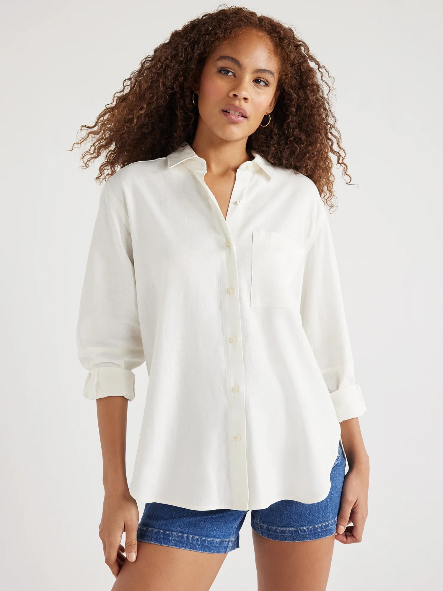 Free Assembly Women’s Boxy Button-Down Tunic Top with Long Sleeves, Sizes XS-XXL | Walmart (US)
