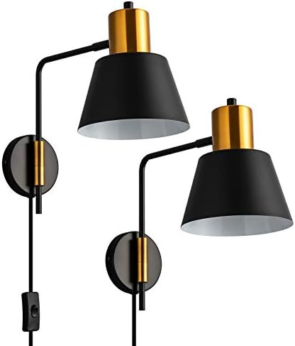 Modern Swing Arm Wall Sconce Plug in Set of 2, Rotatable Black Wall Lights with On/Off Cord for B... | Amazon (US)