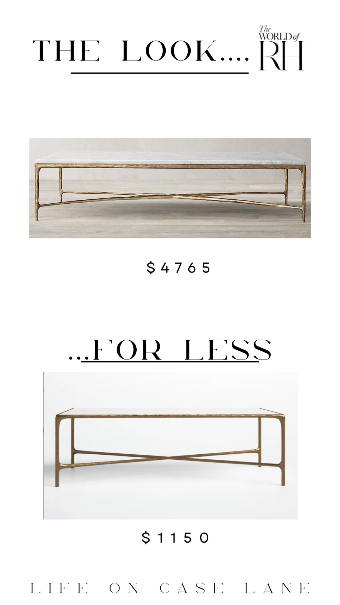  
The look for less, save or splurge, rh dupe, furniture dupe, dupes, designer dupes, coffee table dupes, marble coffee table, brass and marble coffee table, rh marble coffee table dupe, home decor, living room decor 