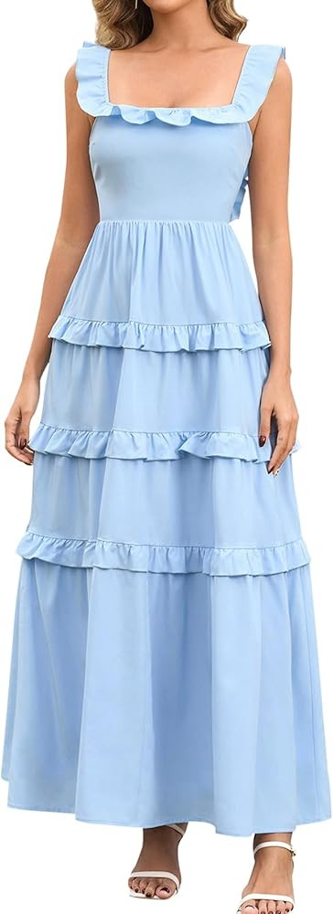 EYNMIN Women's Summer Floral Boho Maxi Dress Tiered Ruffle Smocked Long Flowy Beach Wedding Guest... | Amazon (US)