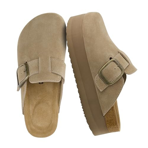 CUSHIONAIRE Women's Granola *Previous Buckle Issue Fixed* Genuine Suede Cork Footbed Platform Clog, +Comfort, Wide Widths Available, Khaki 8.5 | Amazon (US)