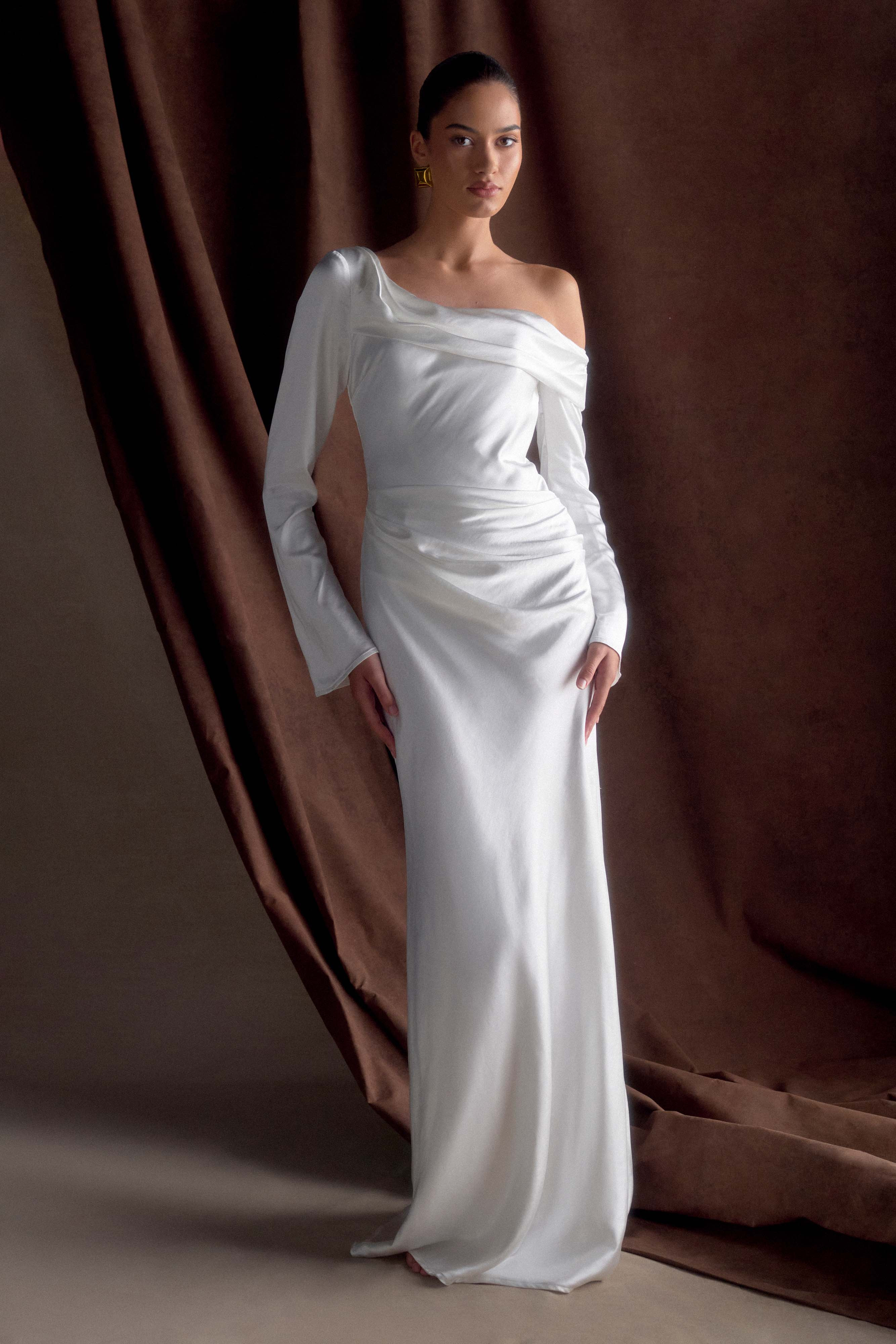 Iris Long Sleeve Satin Maxi Dress - White | MESHKI US
