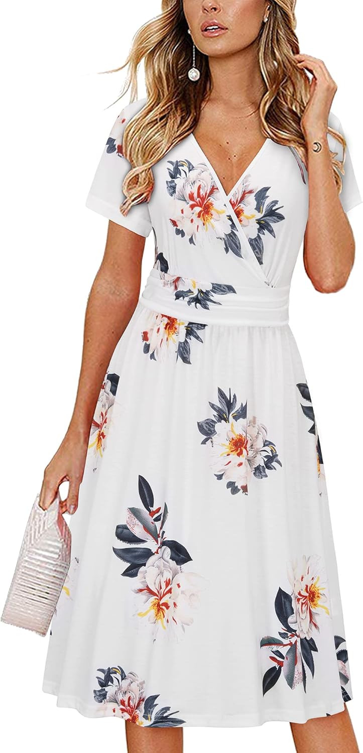 OUGES Women's Summer Short Sleeve V-Neck Floral Short Party Dress with Pockets | Amazon (US)