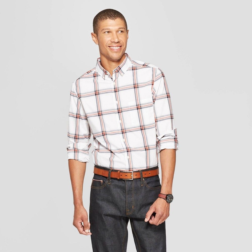 Men's Plaid Slim Fit Long Sleeve Northrop Poplin Button-Down Shirt - Goodfellow & Co White L, Size: Large | Target