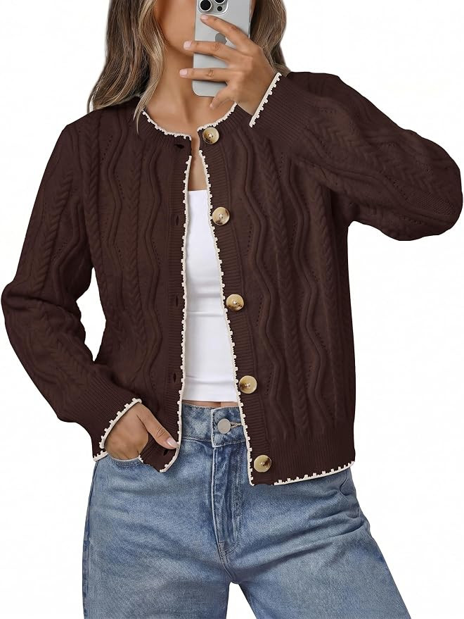 Women's Chunky Cardigan Sweaters Long Sleeve Tops | Button Down Shirts, Crewneck, Contrast, Cable... | Amazon (US)