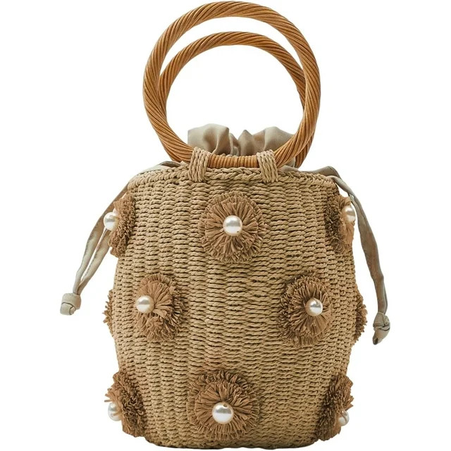 CoCoMangos Summer Straw Bag for Women Pearl Flower Bucket Tote Bag Diamond Handbag Hand Woven Rat... | Walmart (US)
