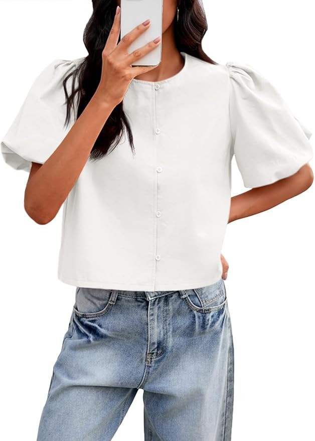 Tankaneo Womens Cropped Tops Puff Sleeve Button Down Shirts Trendy Casual Loose Fit Cute Blouse | Amazon (US)