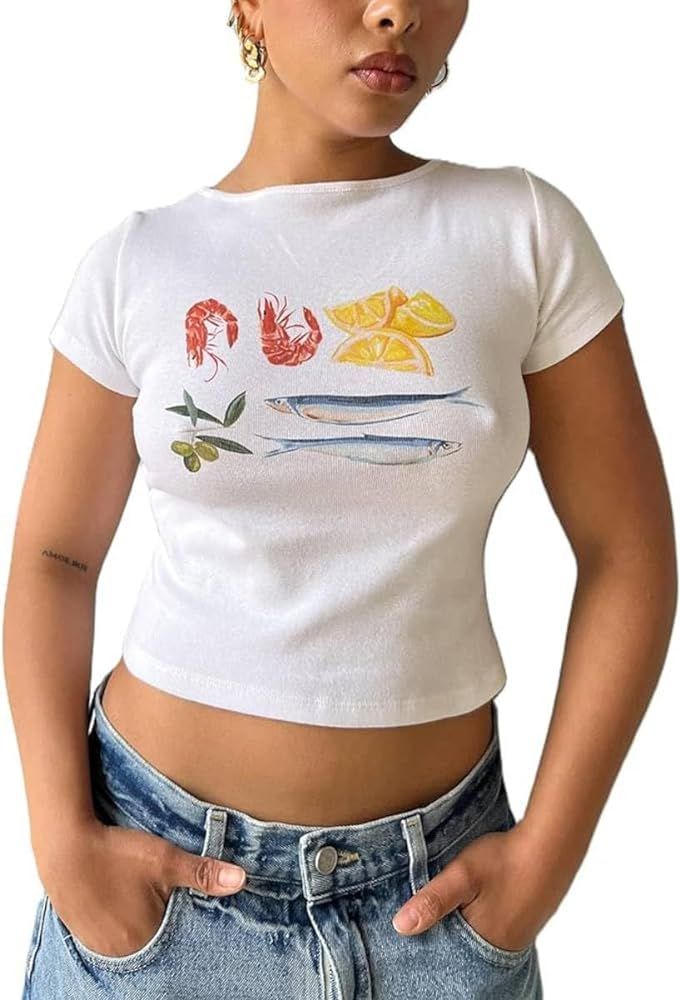 Y2k Baby Tees Women Short Sleeve Crop Tops Teen Girls Bow Fruit Graphic Print T Shirts Vintage Ae... | Amazon (US)