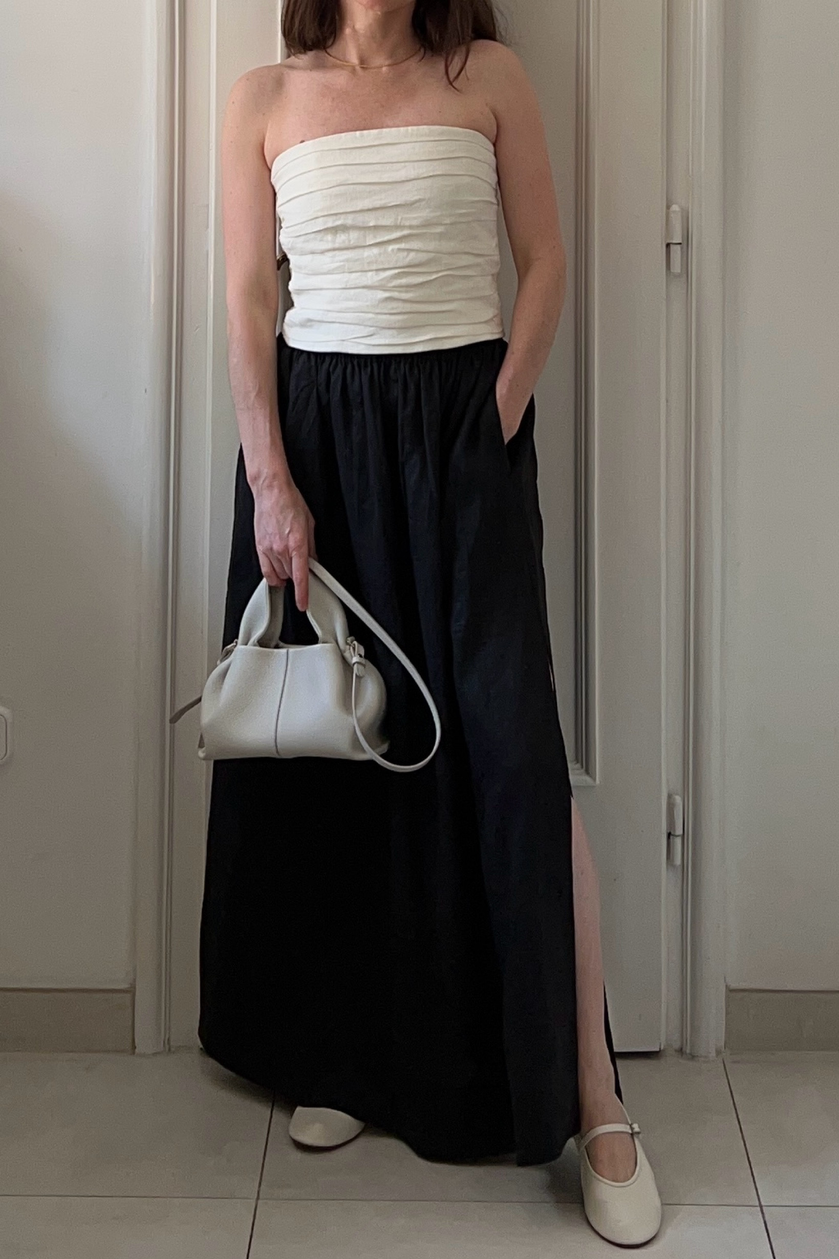 Summer outfit, maxi skirt, linen skirt, maxi skirt outfit, linen top, bandeau top, crossbody bag, ballet flats, cream leather flats

#LTKsummer #LTKstyletip #LTKmodest